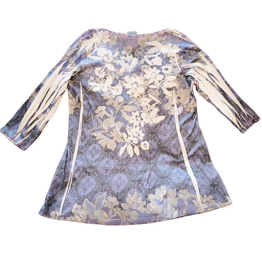 Avenue Top Blouse Blue Gray White Floral Sequins 14/16 L Cottage Fairy Boho